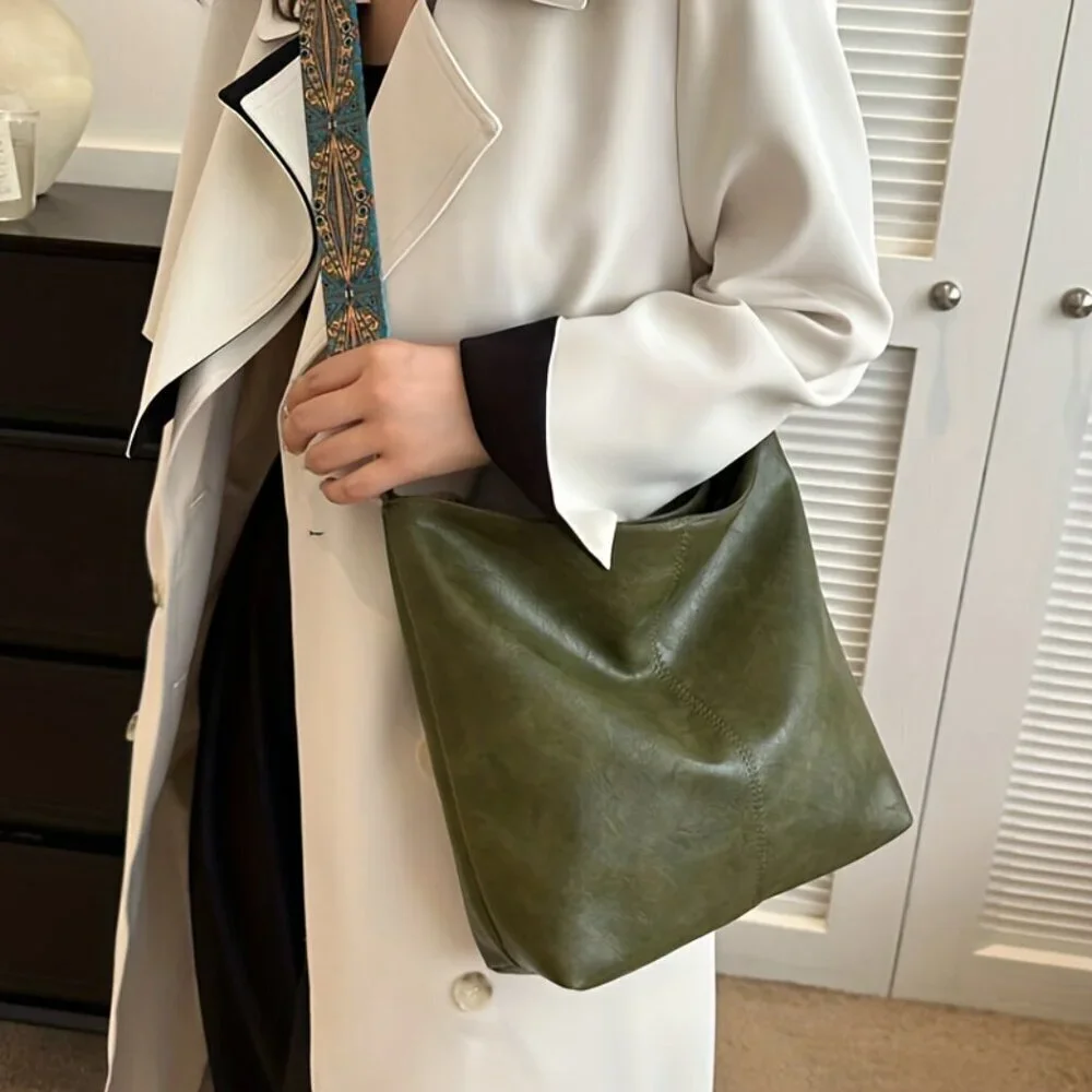 Olive Green Vegan Leather Crossbody Bag Boho Wide Strap Travel Purse